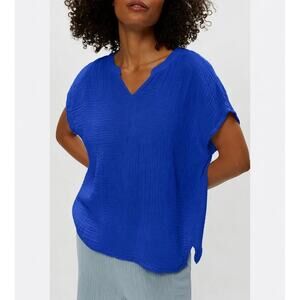 Michael Stars Naomi Split Neck Gauze Top Bahama Blue XS NWT USA Made